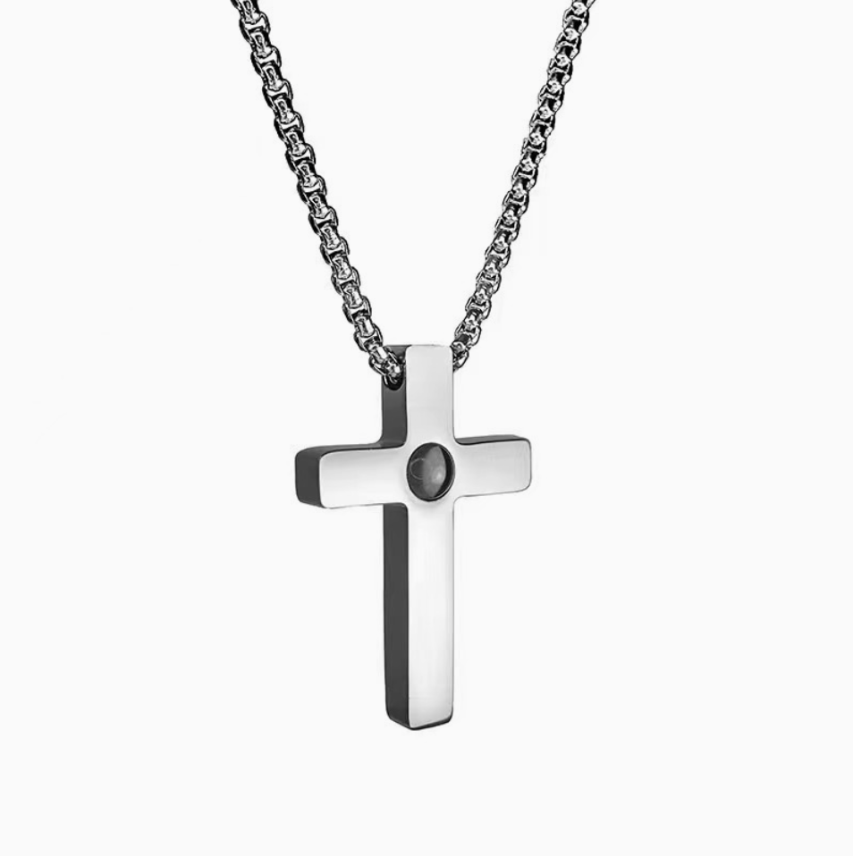 Cross Projection Necklace – Unisex Stainless Steel Pendant with Personalized Photo | Aynaria Eternal Light Collection
