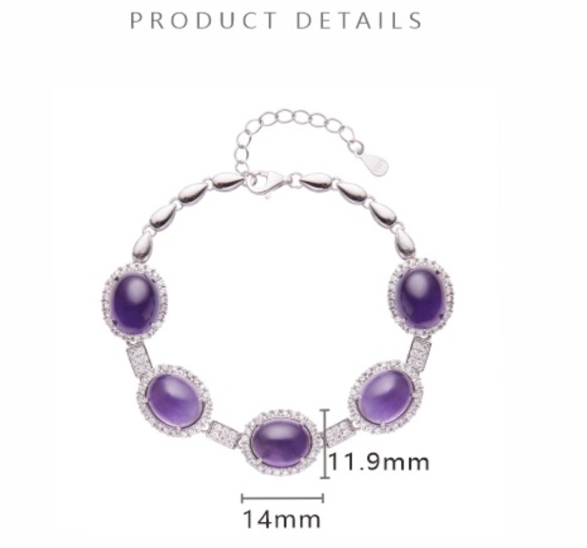 S925 Sterling Silver Natural Gemstone Bracelet – Citrine / Amethyst / Topaz, 8×10mm Cabochon Stones, 16+3.5cm Adjustable