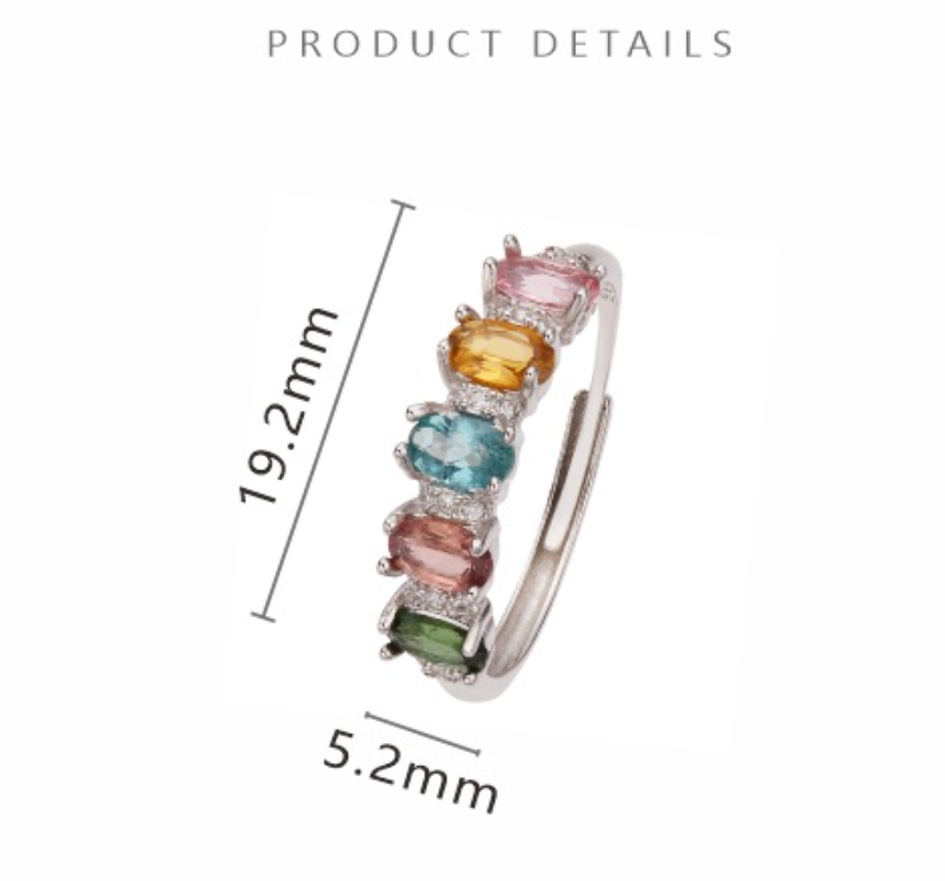 S925 Sterling Silver Five-Stone Natural Tourmaline Ring – Adjustable Rainbow Gem Band