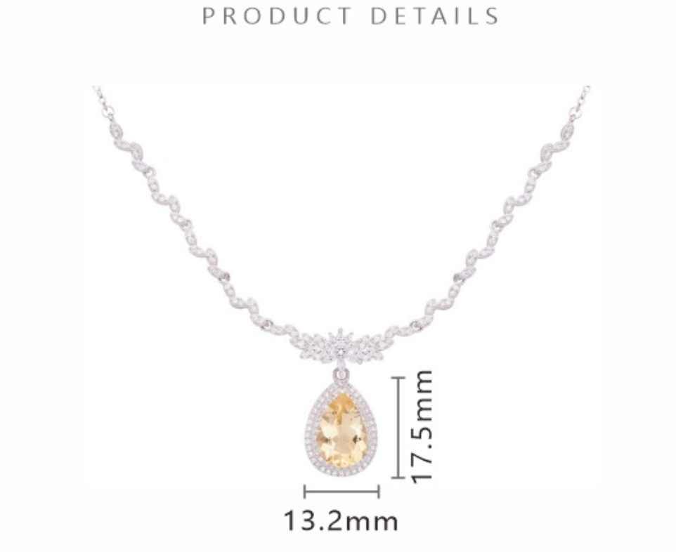 S925 Sterling Silver Natural Gemstone Teardrop Necklace – 8×12mm Amethyst / Citrine / Topaz, 44+4cm Adjustable Chain