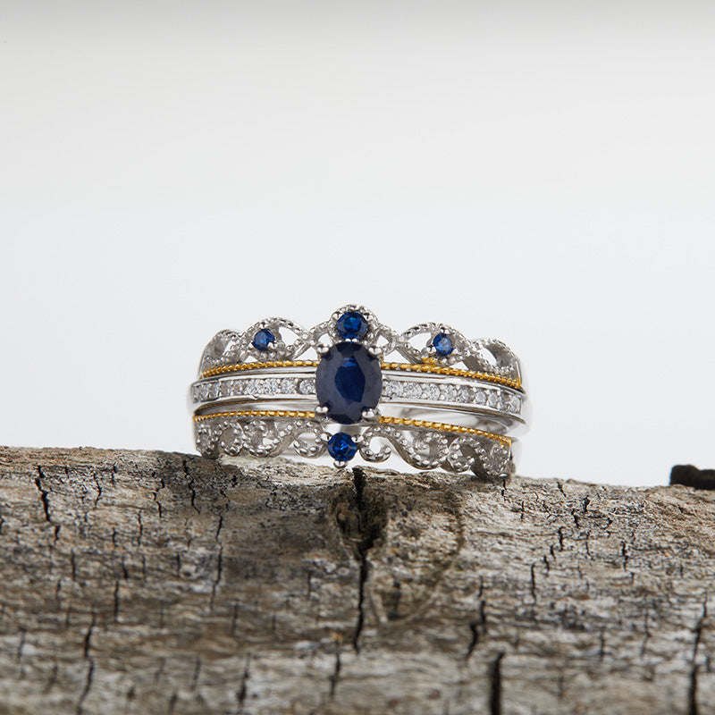 S925 Sterling Silver Natural Sapphire Crown Ring Set | Adjustable Open Ring | 2-in-1 Stackable Design