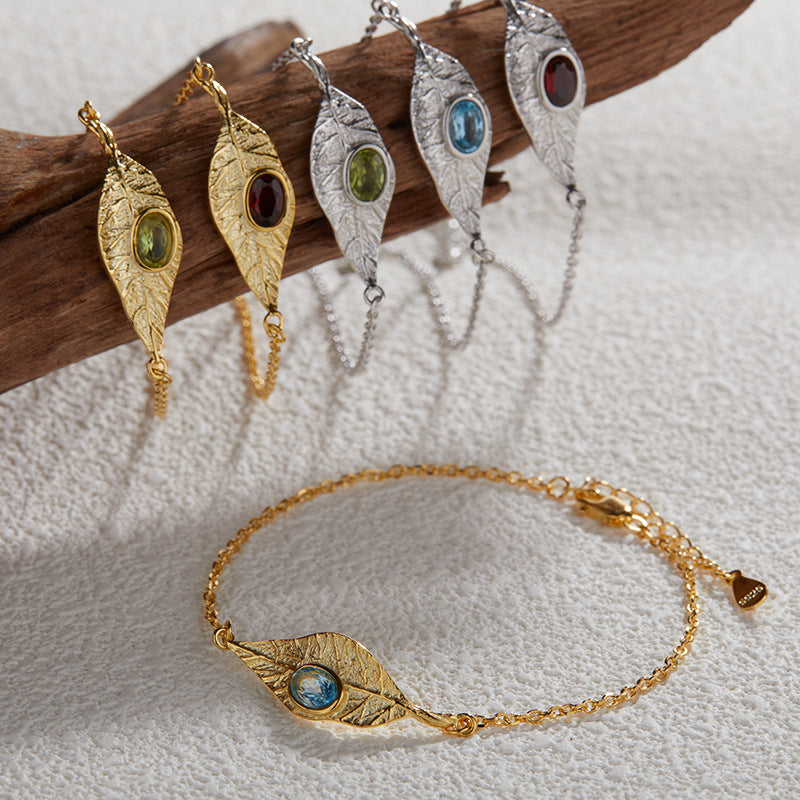 925 Sterling Silver Leaf Bracelet with Natural Peridot, Topaz & Garnet – Meaningful Gemstone Jewelry