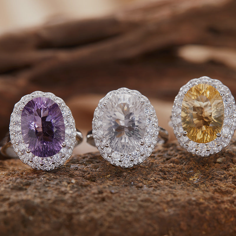 S925 Sterling Silver 10×14mm Natural Gemstone Halo Ring – Adjustable Open Design | Amethyst / Citrine / Clear Quartz