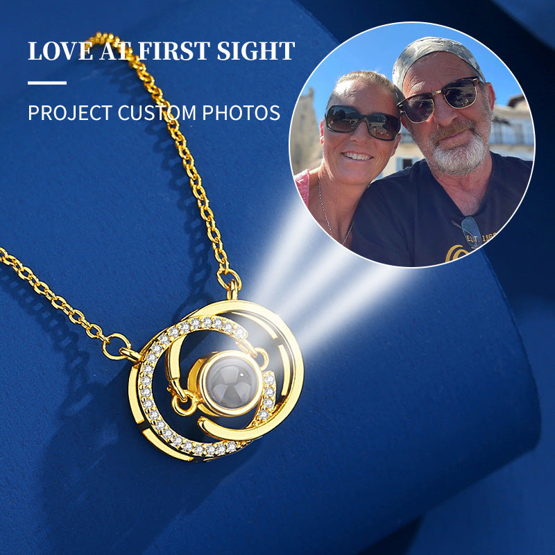 Double Ring Projection Necklace – Personalized Interlocking Pendant with Hidden Photo | Aynaria Eternal Bond Collection
