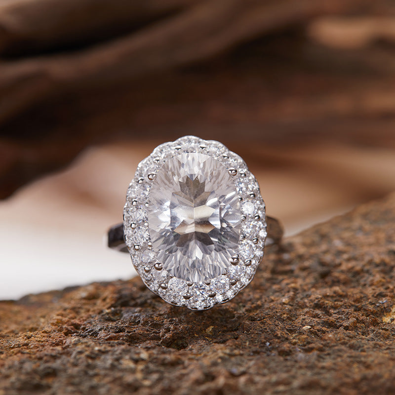 S925 Sterling Silver 10×14mm Natural Gemstone Halo Ring – Adjustable Open Design | Amethyst / Citrine / Clear Quartz