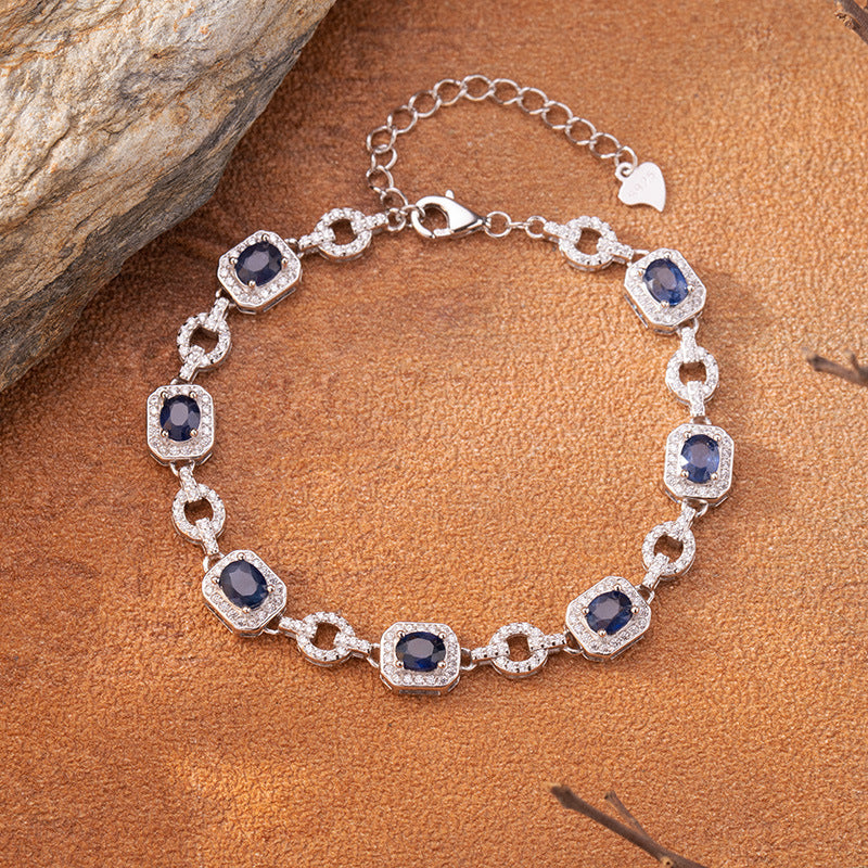 Natural Sapphire Bracelet in S925 Sterling Silver – Elegant Fine-Link Design, Adjustable Length