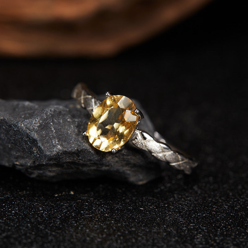 Natural Citrine Adjustable Ring for Women – S925 Sterling Silver | 6×8mm Gemstone, Open Band