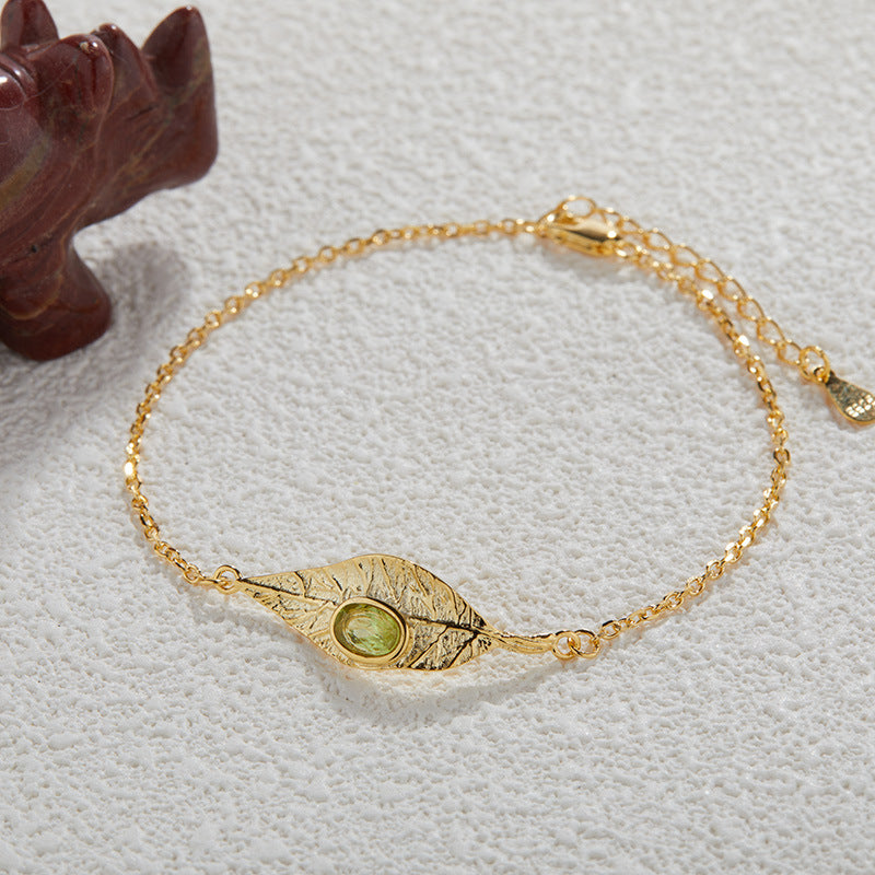 925 Sterling Silver Leaf Bracelet with Natural Peridot, Topaz & Garnet – Meaningful Gemstone Jewelry