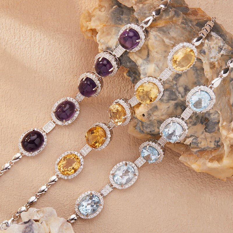 S925 Sterling Silver Natural Gemstone Bracelet – Citrine / Amethyst / Topaz, 8×10mm Cabochon Stones, 16+3.5cm Adjustable