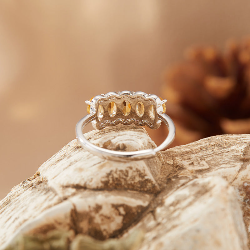 925 Silver Natural Citrine Row Ring – Adjustable 5-Stone Yellow Crystal Ring for Women