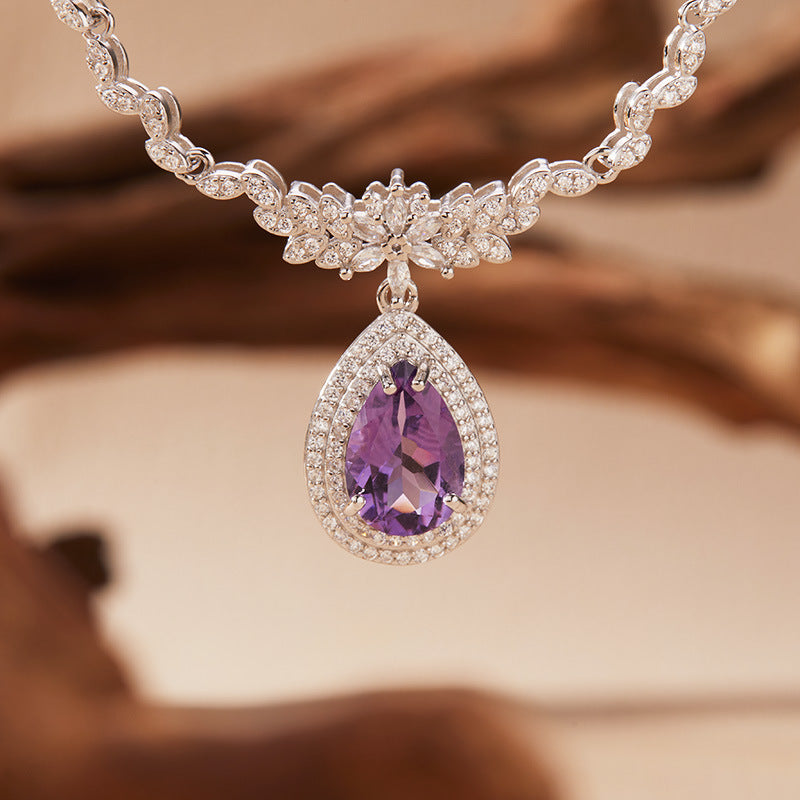 S925 Sterling Silver Natural Gemstone Teardrop Necklace – 8×12mm Amethyst / Citrine / Topaz, 44+4cm Adjustable Chain