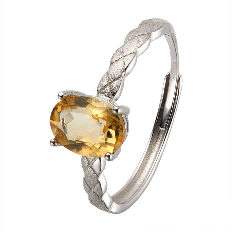 Natural Citrine Adjustable Ring for Women – S925 Sterling Silver | 6×8mm Gemstone, Open Band