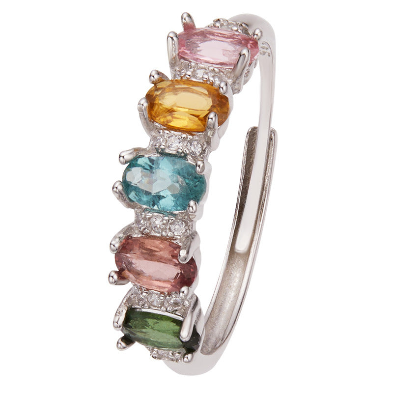 S925 Sterling Silver Five-Stone Natural Tourmaline Ring – Adjustable Rainbow Gem Band