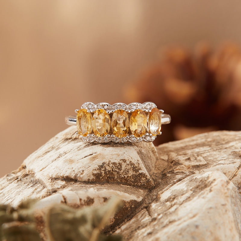 925 Silver Natural Citrine Row Ring – Adjustable 5-Stone Yellow Crystal Ring for Women