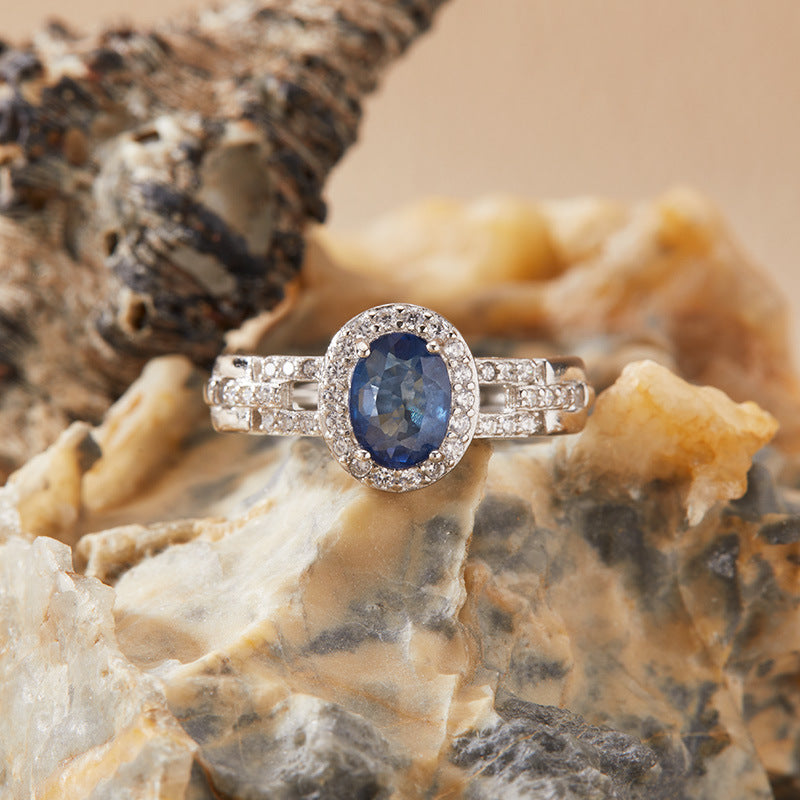 Natural Sapphire Adjustable Ring for Women – S925 Sterling Silver with Full Zircon Pavé Band | 9.5×8.3mm Gemstone