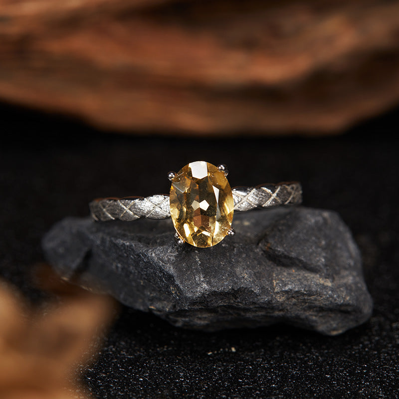 Natural Citrine Adjustable Ring for Women – S925 Sterling Silver | 6×8mm Gemstone, Open Band
