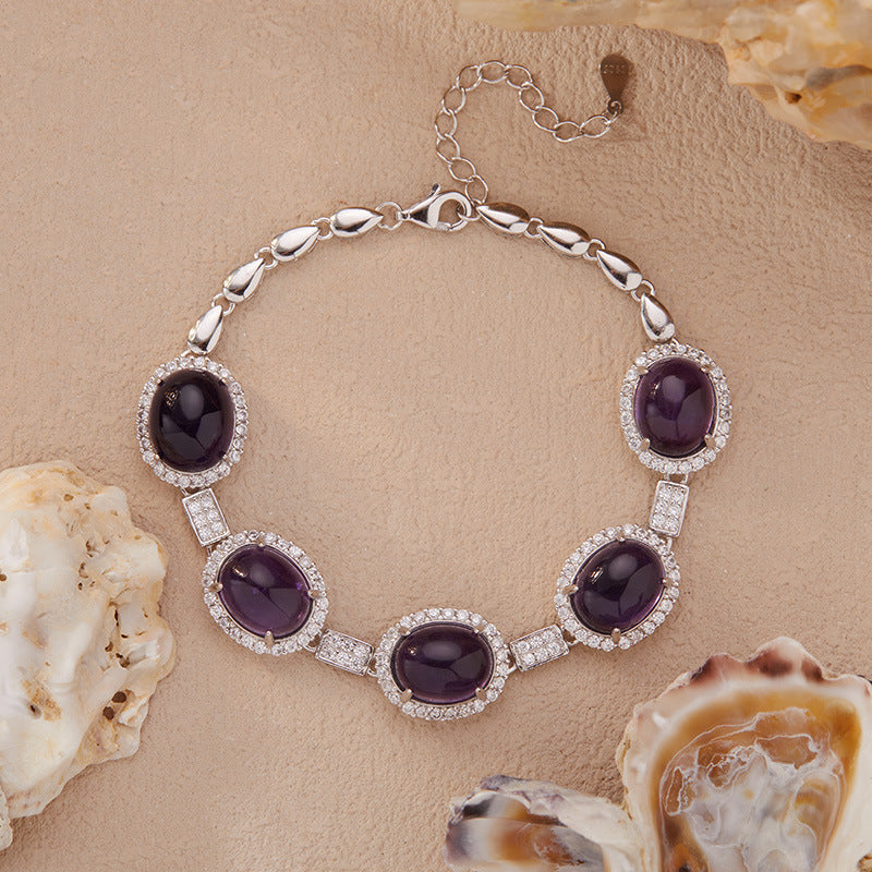 S925 Sterling Silver Natural Gemstone Bracelet – Citrine / Amethyst / Topaz, 8×10mm Cabochon Stones, 16+3.5cm Adjustable