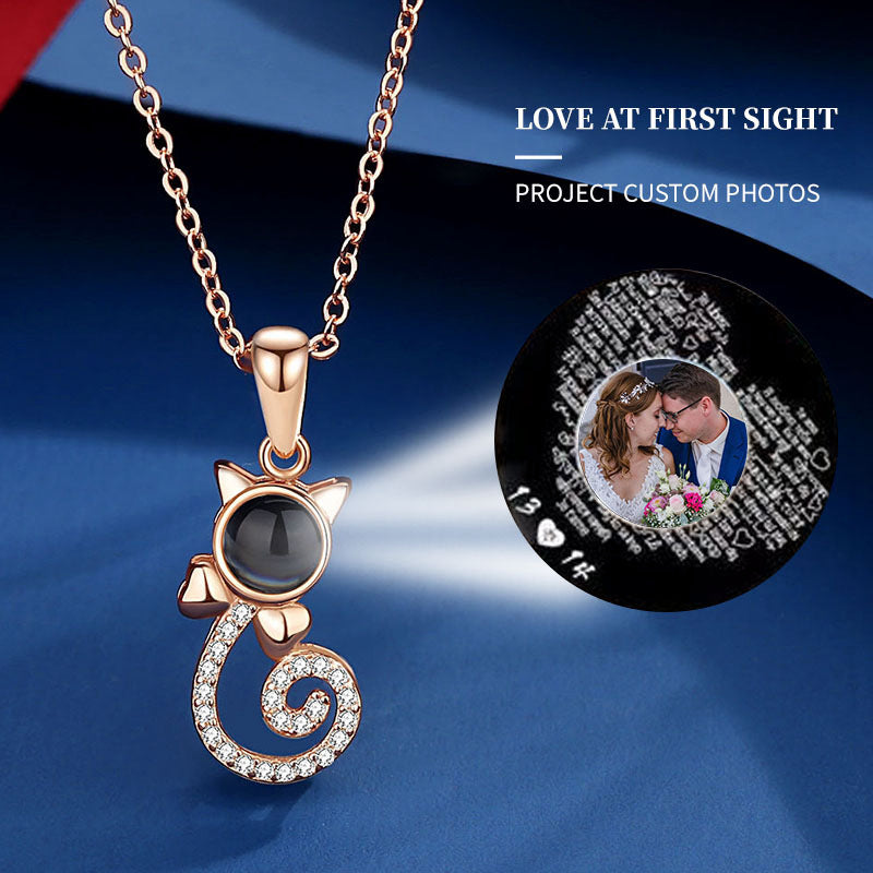 Cat Love Projection Necklace — Sterling Silver Kitten Pendant with Hidden Photo Projection