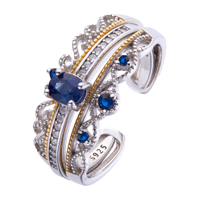 S925 Sterling Silver Natural Sapphire Crown Ring Set | Adjustable Open Ring | 2-in-1 Stackable Design