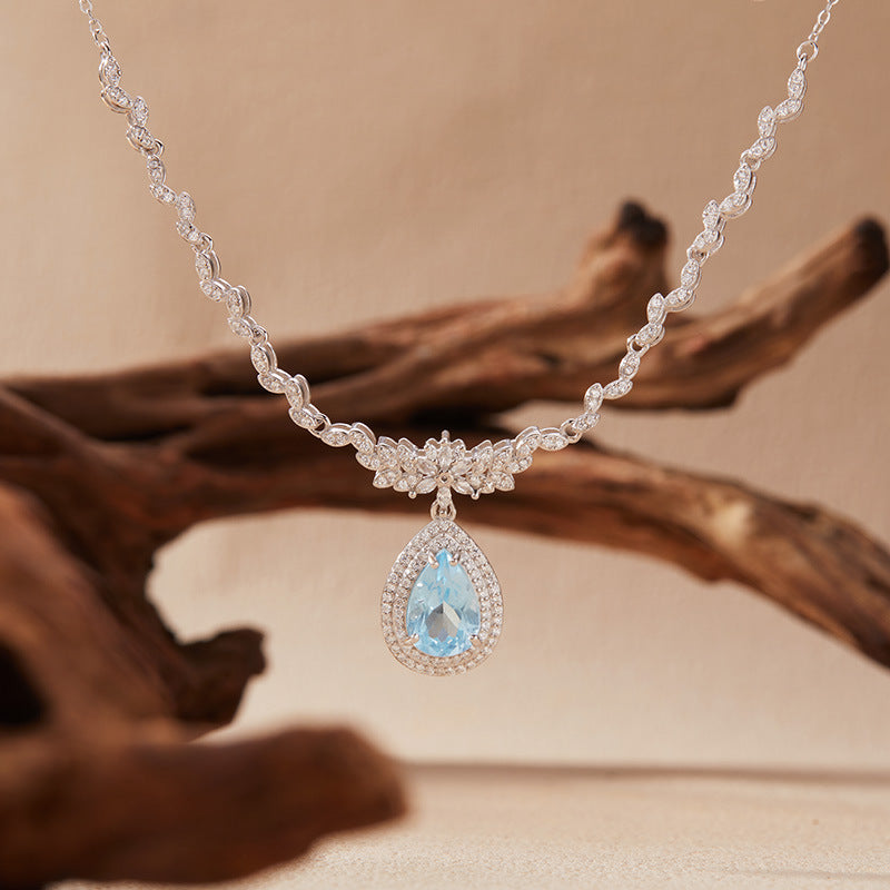 S925 Sterling Silver Natural Gemstone Teardrop Necklace – 8×12mm Amethyst / Citrine / Topaz, 44+4cm Adjustable Chain