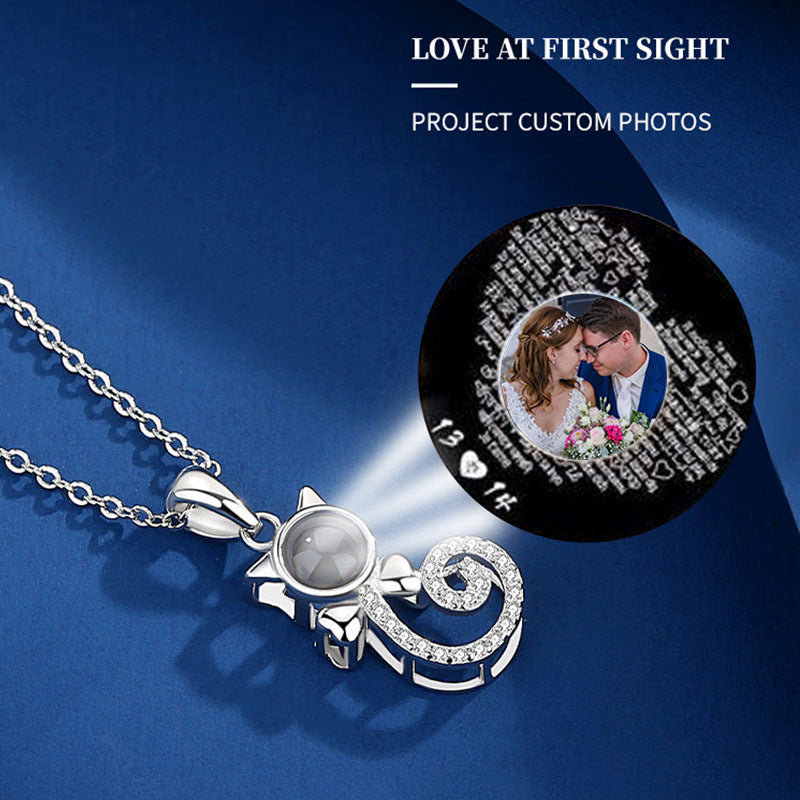 Cat Love Projection Necklace — Sterling Silver Kitten Pendant with Hidden Photo Projection