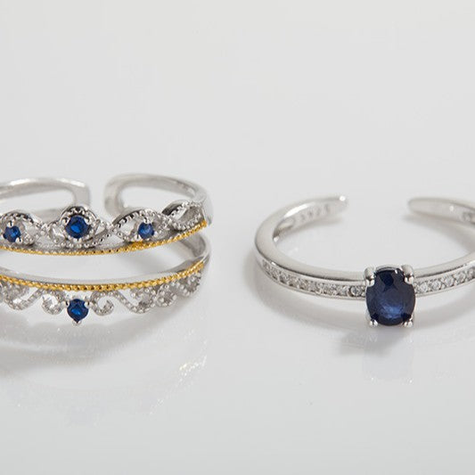 S925 Sterling Silver Natural Sapphire Crown Ring Set | Adjustable Open Ring | 2-in-1 Stackable Design