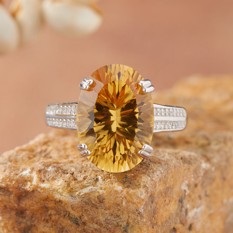 Adjustable S925 Millennium-Cut Gemstone Ring – 10×14mm Amethyst, Topaz & Citrine | Elegant Statement Jewelry