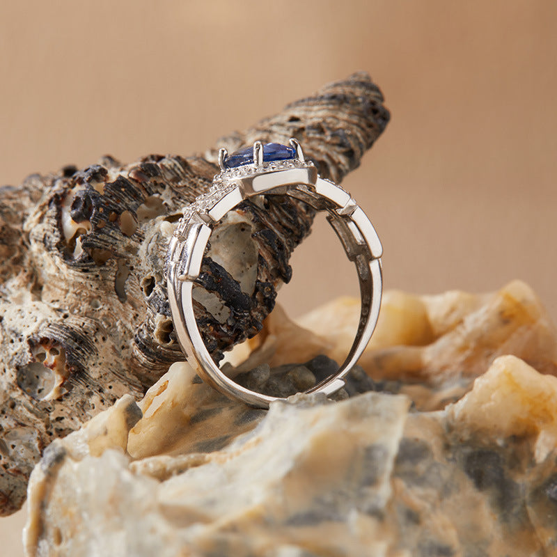 Natural Sapphire Adjustable Ring for Women – S925 Sterling Silver with Full Zircon Pavé Band | 9.5×8.3mm Gemstone