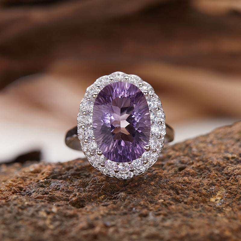 S925 Sterling Silver 10×14mm Natural Gemstone Halo Ring – Adjustable Open Design | Amethyst / Citrine / Clear Quartz