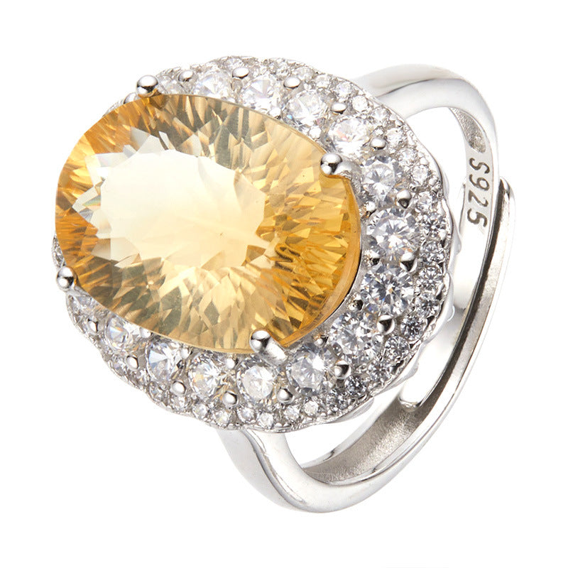 S925 Sterling Silver 10×14mm Natural Gemstone Halo Ring – Adjustable Open Design | Amethyst / Citrine / Clear Quartz