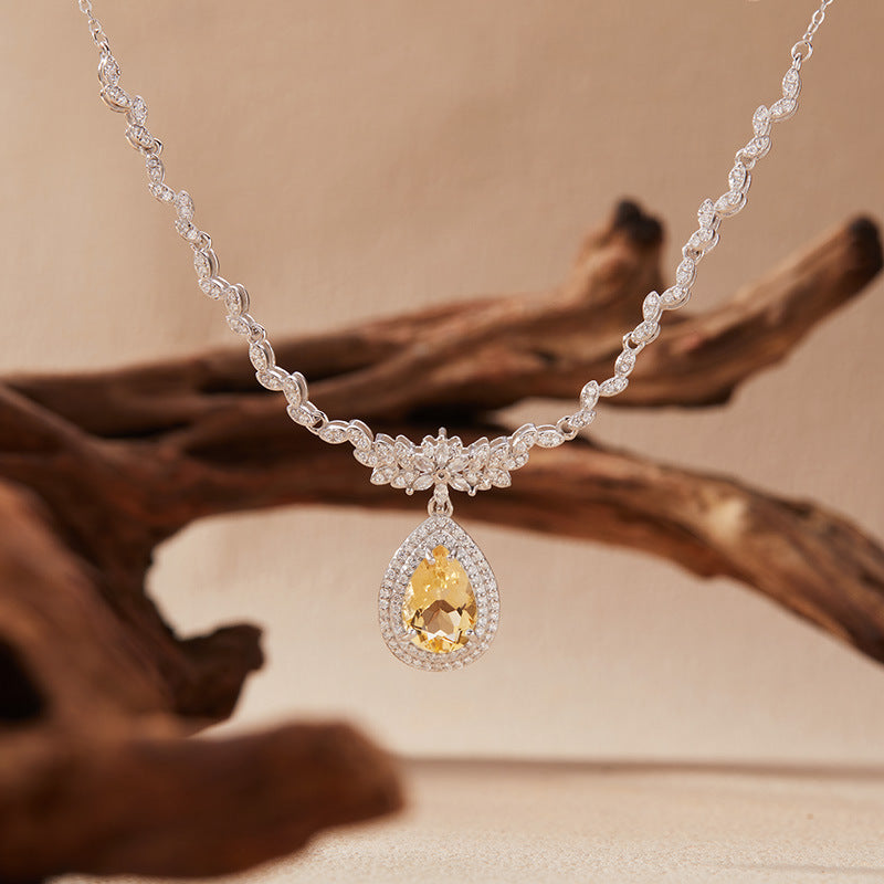 S925 Sterling Silver Natural Gemstone Teardrop Necklace – 8×12mm Amethyst / Citrine / Topaz, 44+4cm Adjustable Chain