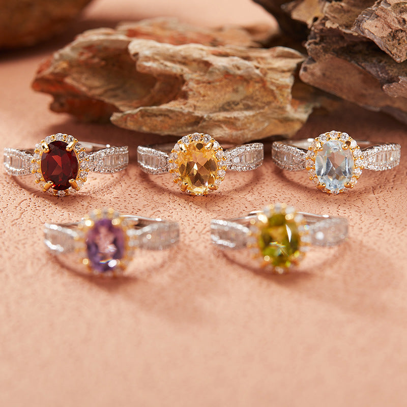 925 Silver Natural Gemstone Adjustable Ring | Amethyst / Topaz / Peridot / Citrine / Garnet