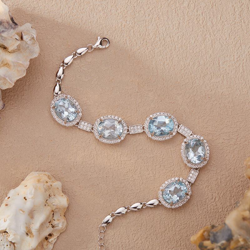 S925 Sterling Silver Natural Gemstone Bracelet – Citrine / Amethyst / Topaz, 8×10mm Cabochon Stones, 16+3.5cm Adjustable