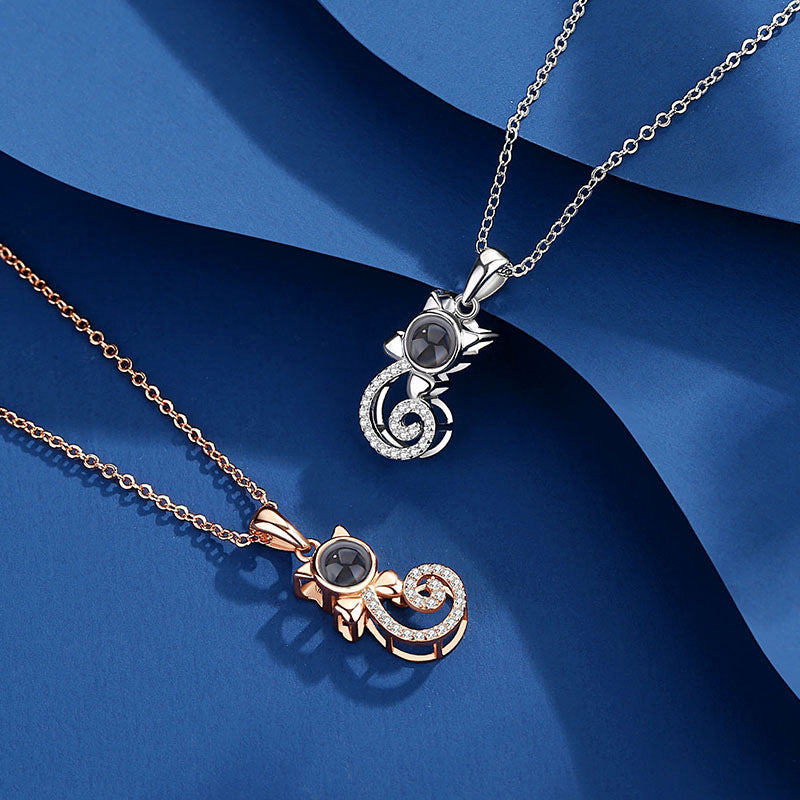 Cat Love Projection Necklace — Sterling Silver Kitten Pendant with Hidden Photo Projection