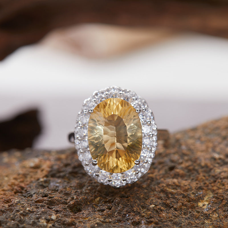 S925 Sterling Silver 10×14mm Natural Gemstone Halo Ring – Adjustable Open Design | Amethyst / Citrine / Clear Quartz