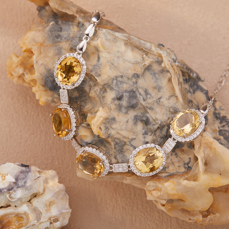 S925 Sterling Silver Natural Gemstone Bracelet – Citrine / Amethyst / Topaz, 8×10mm Cabochon Stones, 16+3.5cm Adjustable