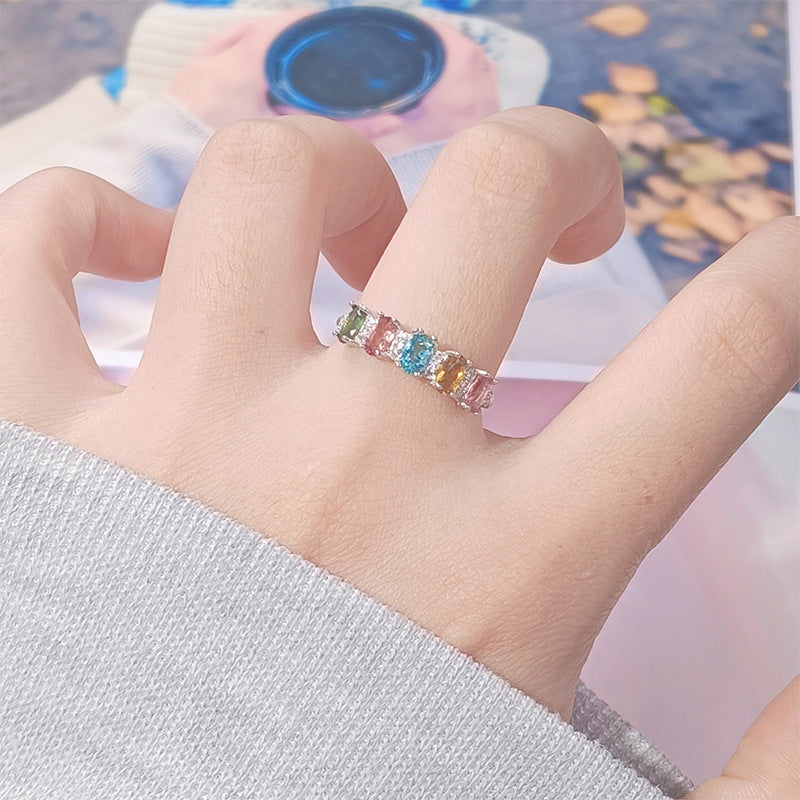 S925 Sterling Silver Five-Stone Natural Tourmaline Ring – Adjustable Rainbow Gem Band
