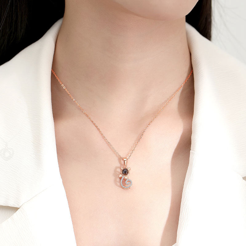 Cat Love Projection Necklace — Sterling Silver Kitten Pendant with Hidden Photo Projection