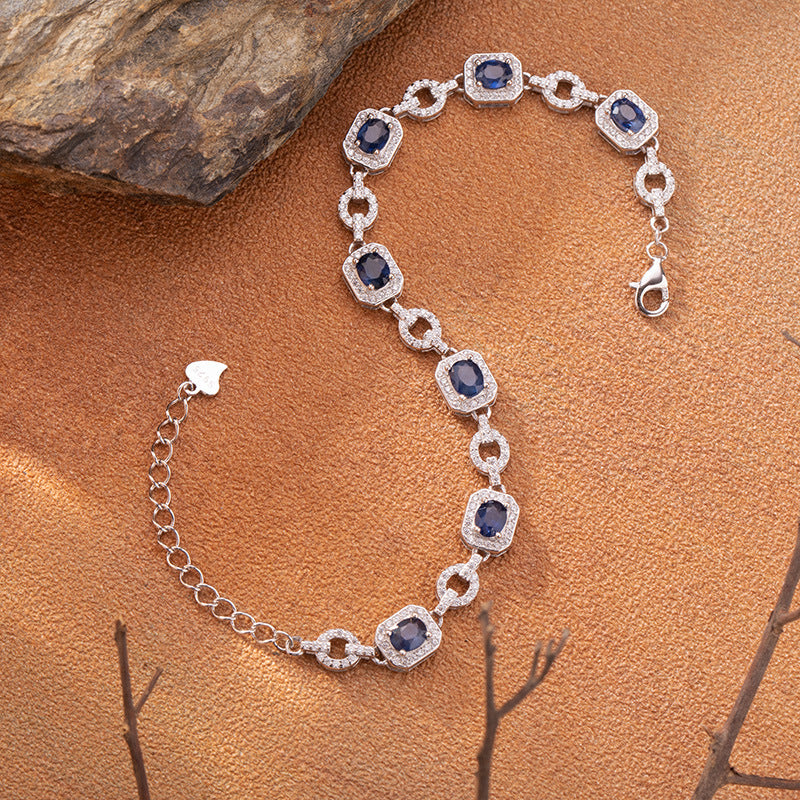 Natural Sapphire Bracelet in S925 Sterling Silver – Elegant Fine-Link Design, Adjustable Length