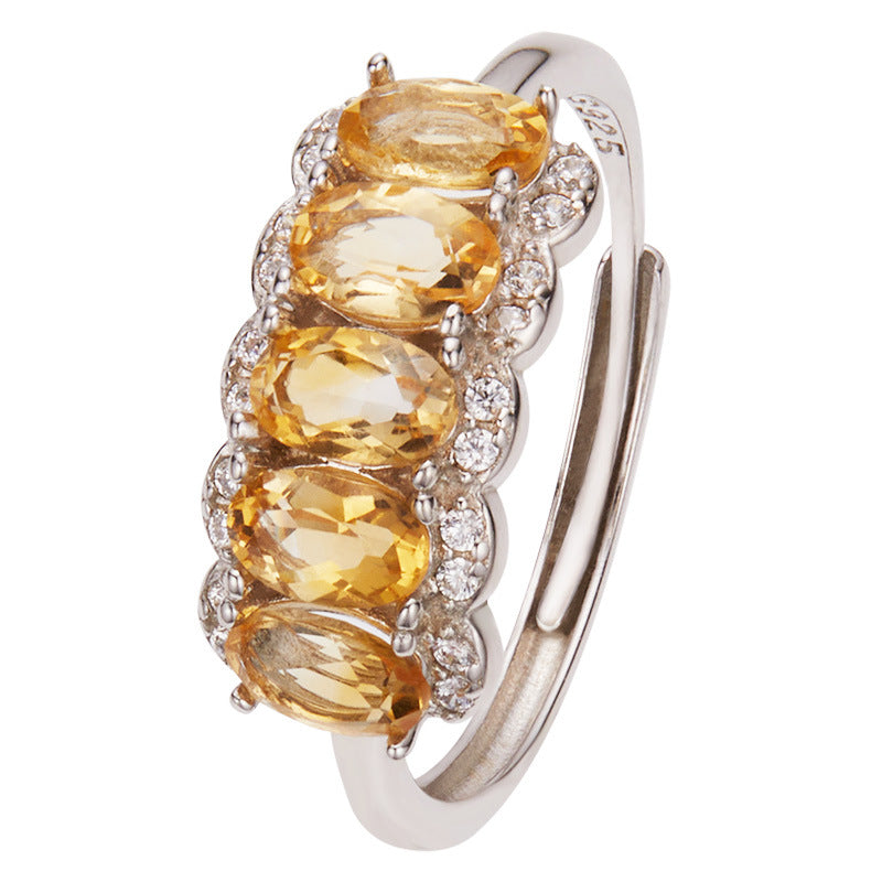 925 Silver Natural Citrine Row Ring – Adjustable 5-Stone Yellow Crystal Ring for Women