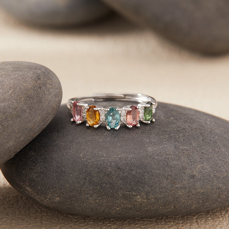 S925 Sterling Silver Five-Stone Natural Tourmaline Ring – Adjustable Rainbow Gem Band