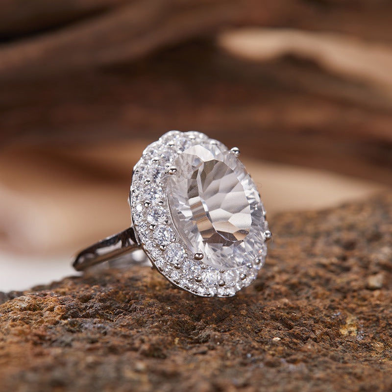 S925 Sterling Silver 10×14mm Natural Gemstone Halo Ring – Adjustable Open Design | Amethyst / Citrine / Clear Quartz