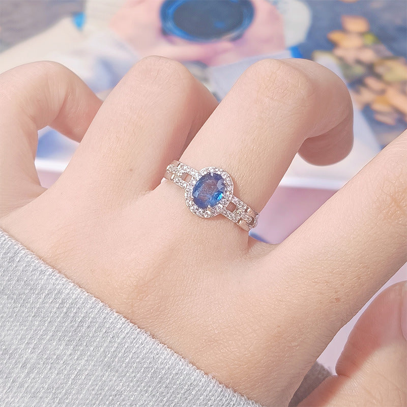 Natural Sapphire Adjustable Ring for Women – S925 Sterling Silver with Full Zircon Pavé Band | 9.5×8.3mm Gemstone