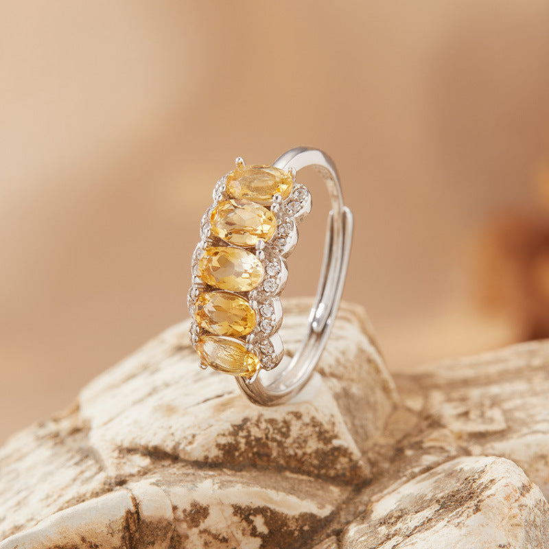 925 Silver Natural Citrine Row Ring – Adjustable 5-Stone Yellow Crystal Ring for Women