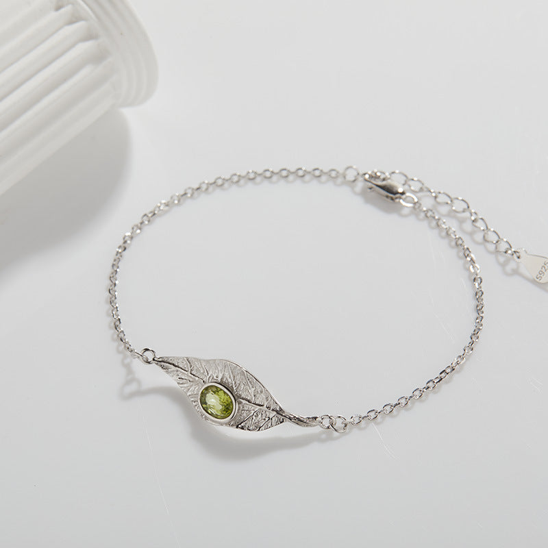 925 Sterling Silver Leaf Bracelet with Natural Peridot, Topaz & Garnet – Meaningful Gemstone Jewelry