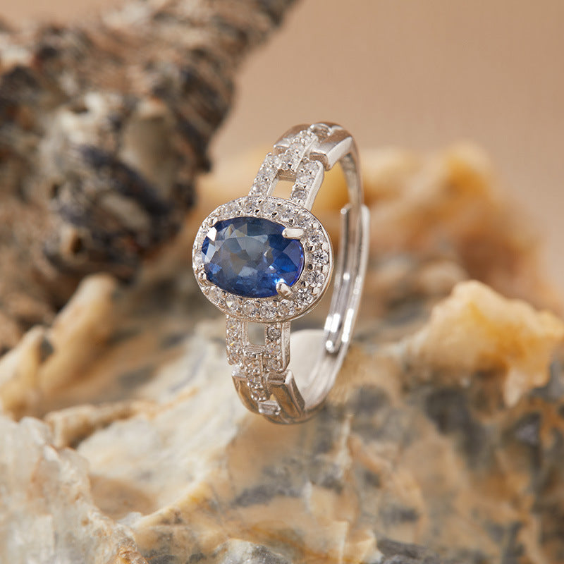 Natural Sapphire Adjustable Ring for Women – S925 Sterling Silver with Full Zircon Pavé Band | 9.5×8.3mm Gemstone