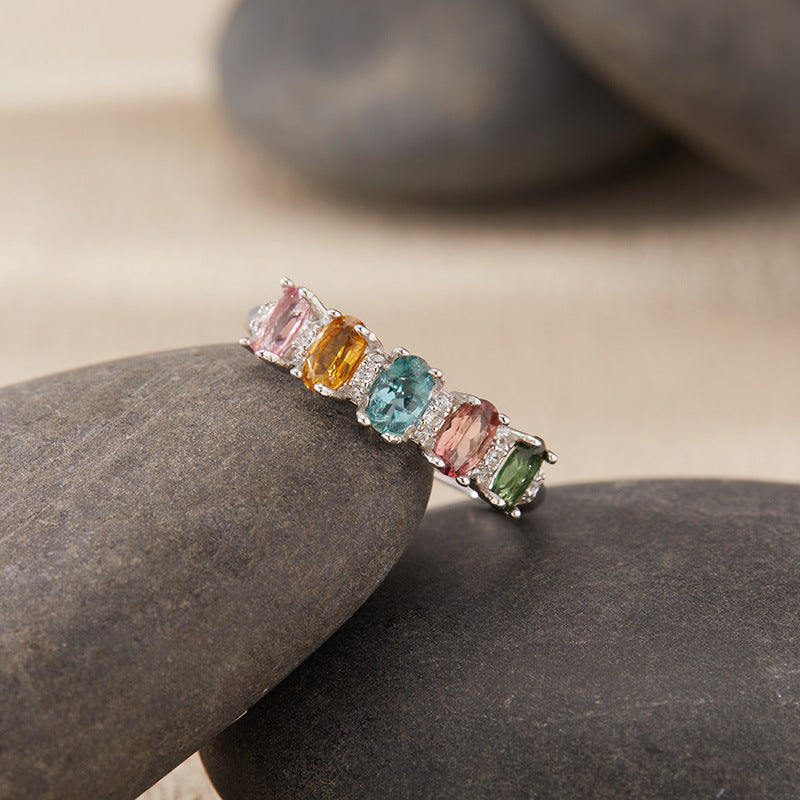 S925 Sterling Silver Five-Stone Natural Tourmaline Ring – Adjustable Rainbow Gem Band