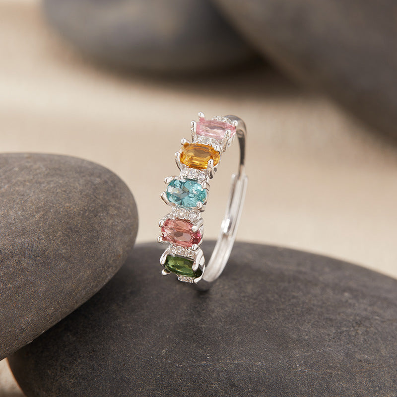 S925 Sterling Silver Five-Stone Natural Tourmaline Ring – Adjustable Rainbow Gem Band