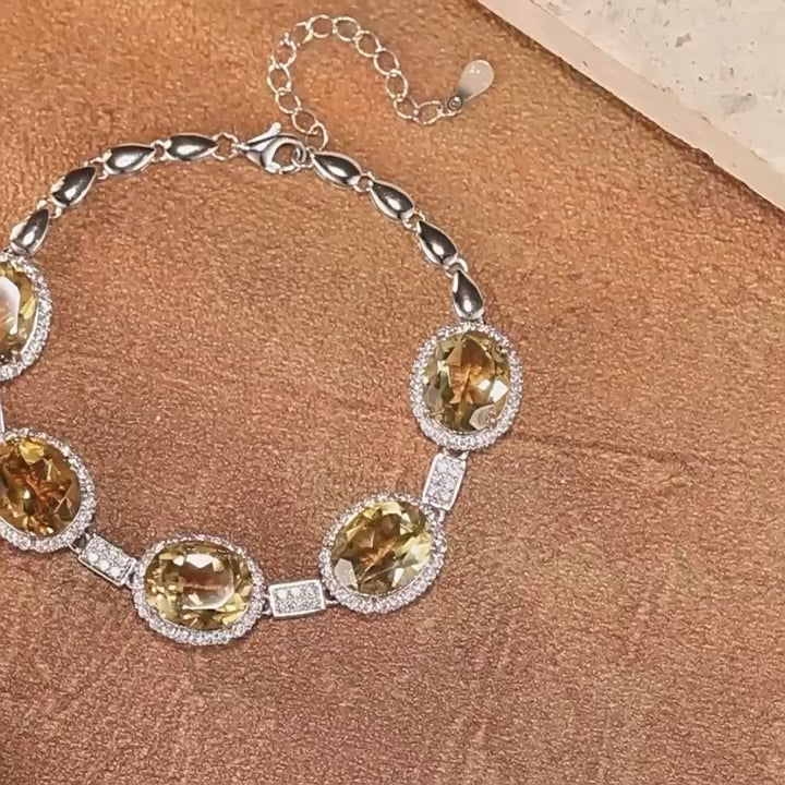 S925 Sterling Silver Natural Gemstone Bracelet – Citrine / Amethyst / Topaz, 8×10mm Cabochon Stones, 16+3.5cm Adjustable